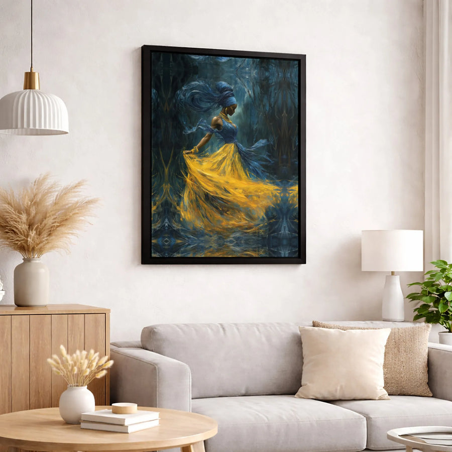 African Woman Canvas Art | Abstract Dancing Lady in Flowing Blue and Yellow Dress | Gallery Quality 1.25 Inch Wrap | Modern Home Office Decor Wall Print