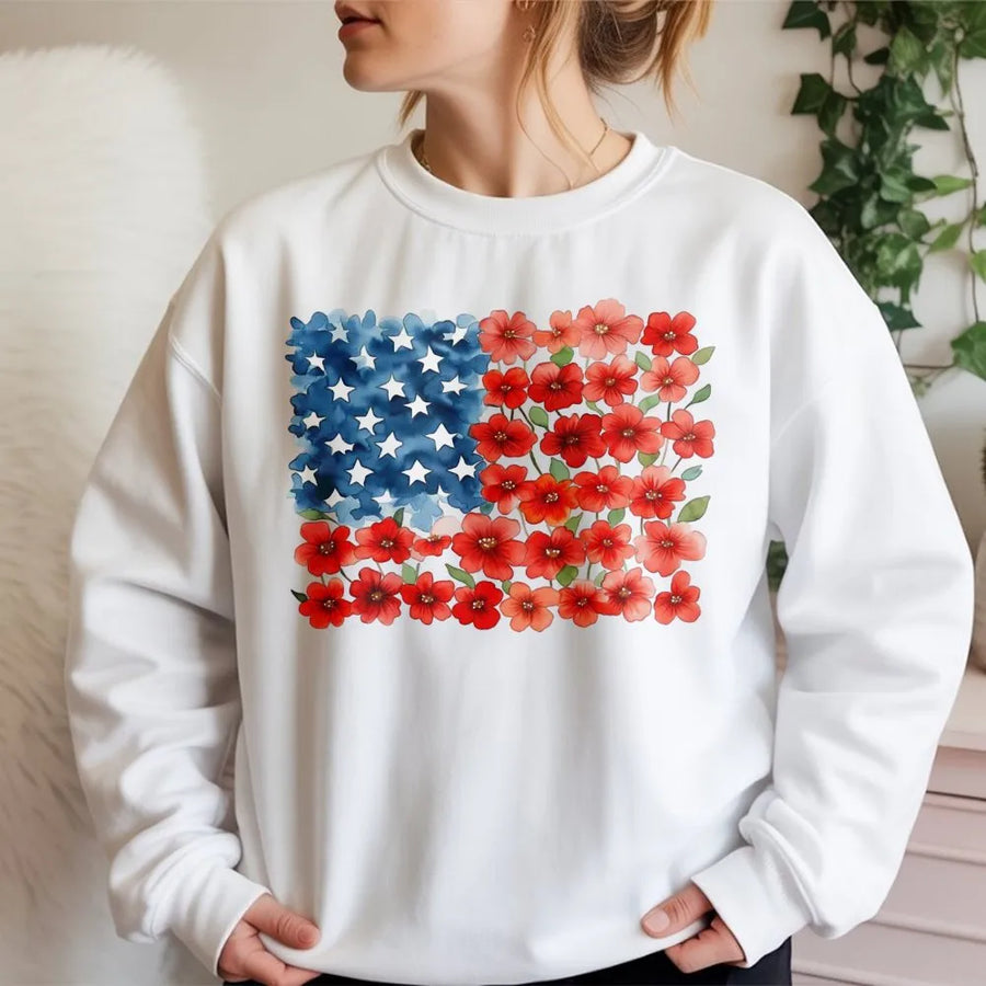 Floral American Flag Sweatshirt | Watercolor USA Patriotic Graphic Design | Premium Cotton Blend Crewneck | July 4th Independence Day Gift For Her