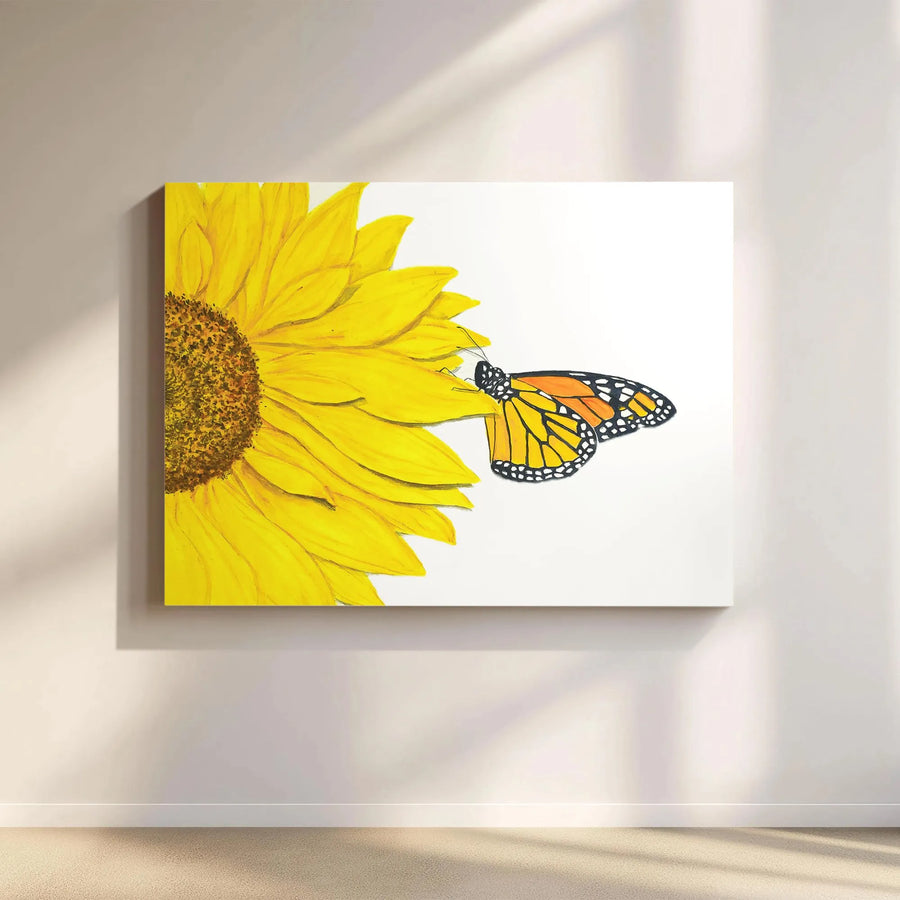 Monarch Butterfly and Sunflower Canvas Wall Art | Vibrant Botanical Illustration | Premium Gallery Wrap Print | Nature Lover Gift for Farmhouse Decor