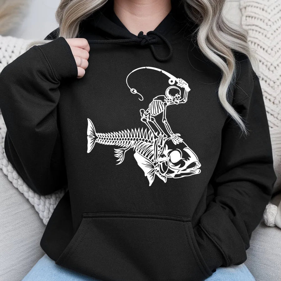 Fishing Skeleton Hoodie | Funny Skeleton Riding Fish Graphic | Premium Cotton Blend Unisex Sweatshirt | Perfect Gift For Fishermen And Fishing Dads