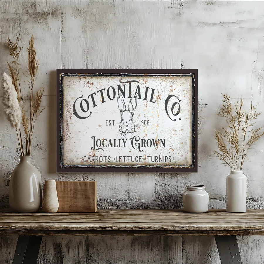 Cottontail Co. Farmhouse Sign Canvas | Vintage Rabbit Art with Rustic Texture | Premium Gallery Wrap Wall Decor | Gift for Country Kitchen