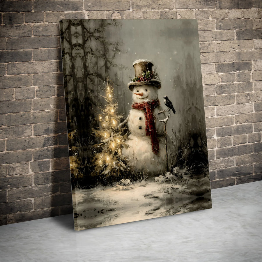 Vintage Snowman Wall Art | Lighted Christmas Tree Scene | Premium Gallery Wrap Canvas | Rustic Holiday Home Decor Gift