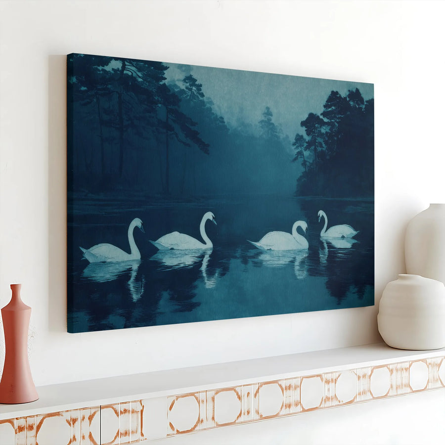 Moody Swan Lake Canvas Art | Vintage Wildlife Painting Print | Premium Fade-Resistant Print | Living Room & Bedroom Wall Decor Gift