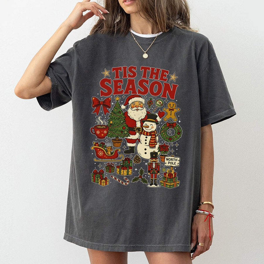 Tis The Season Christmas T-Shirt | Santa Claus, Snowman & Festive Holiday Graphic | 100% Cotton Premium Tee | Unisex Gift for Family & Holiday Parties