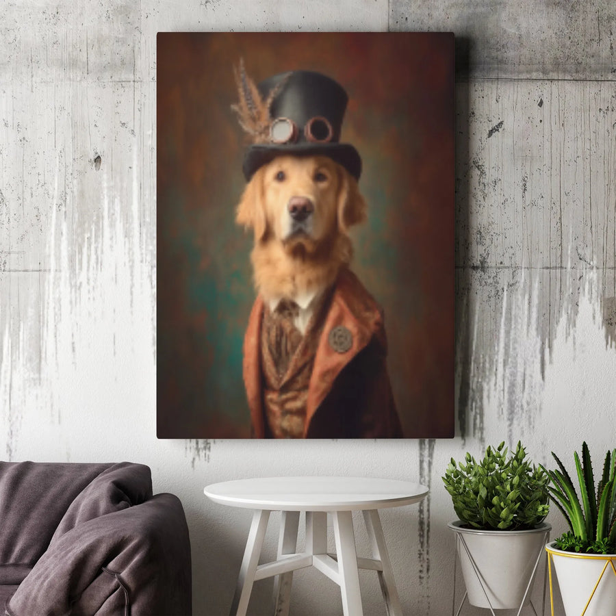 Steampunk Golden Retriever Wall Art | Victorian Dog Portrait in Top Hat and Goggles | Premium Gallery Wrapped Canvas | Quirky Pet Lover Gift Idea