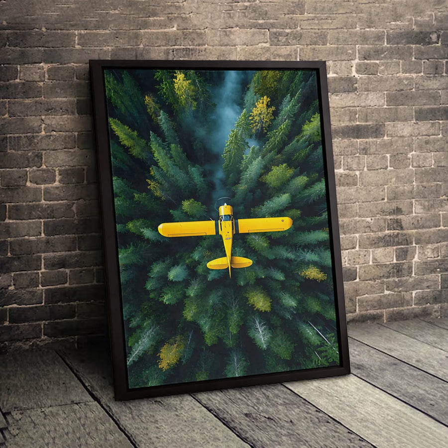 Yellow Airplane Wall Art | Aerial Forest Landscape Canvas Print | Premium Gallery Wrap Decor | Aviation Gift for Pilots & Adventure Enthusiasts