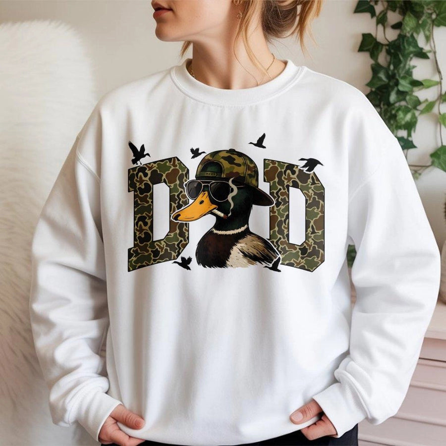 Duck Dad Sweatshirt | Camo Mallard Hunter Design | Premium Cotton Blend | Funny Hunting Gift For Men And Outdoor Enthusiasts