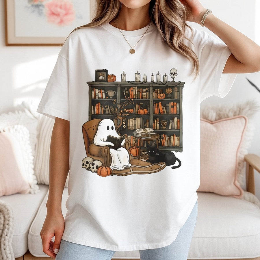 Ghost Reading Books T-Shirt | Spooky Librarian Halloween Graphic | 100% Cotton Premium Tee | Unique Book Lover Gift for Readers