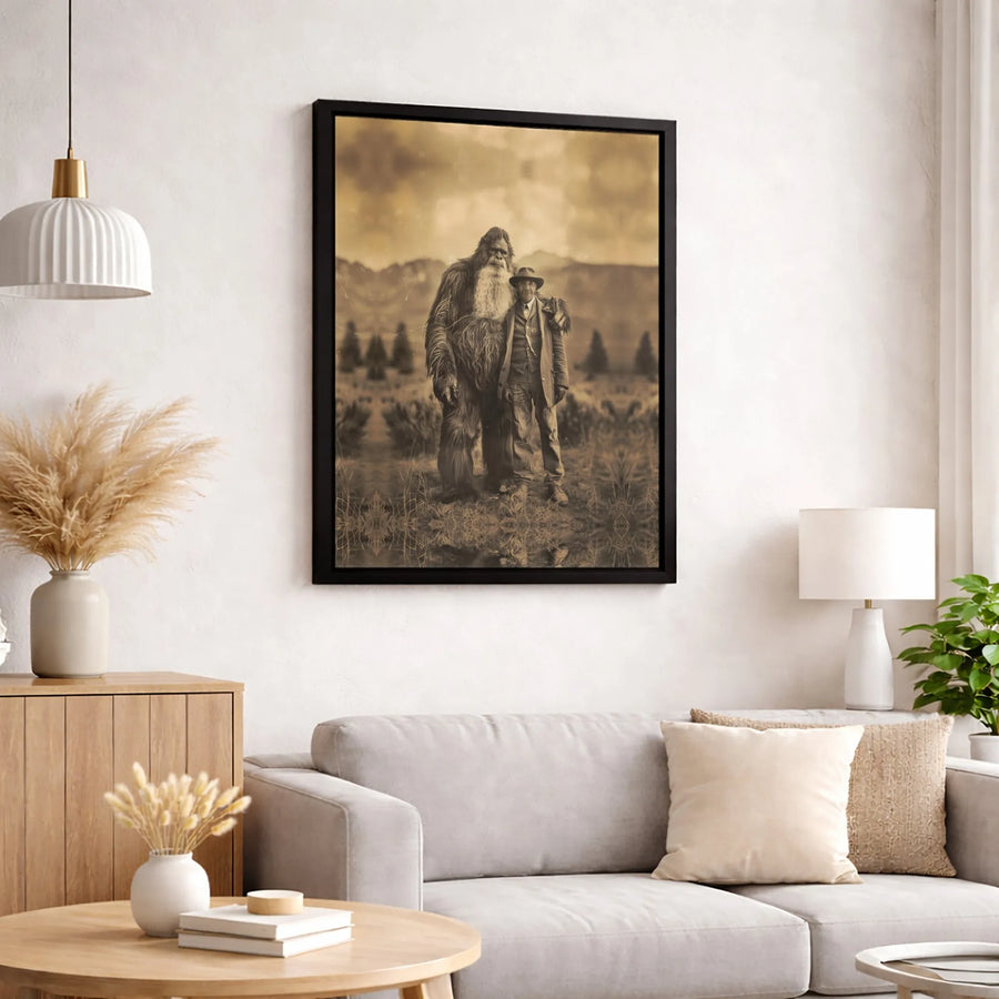 Bigfoot Vintage Photography Canvas | Sepia Western Sasquatch Print | Premium Gallery Wrap Wall Art | Unique Cryptid Lover Gift