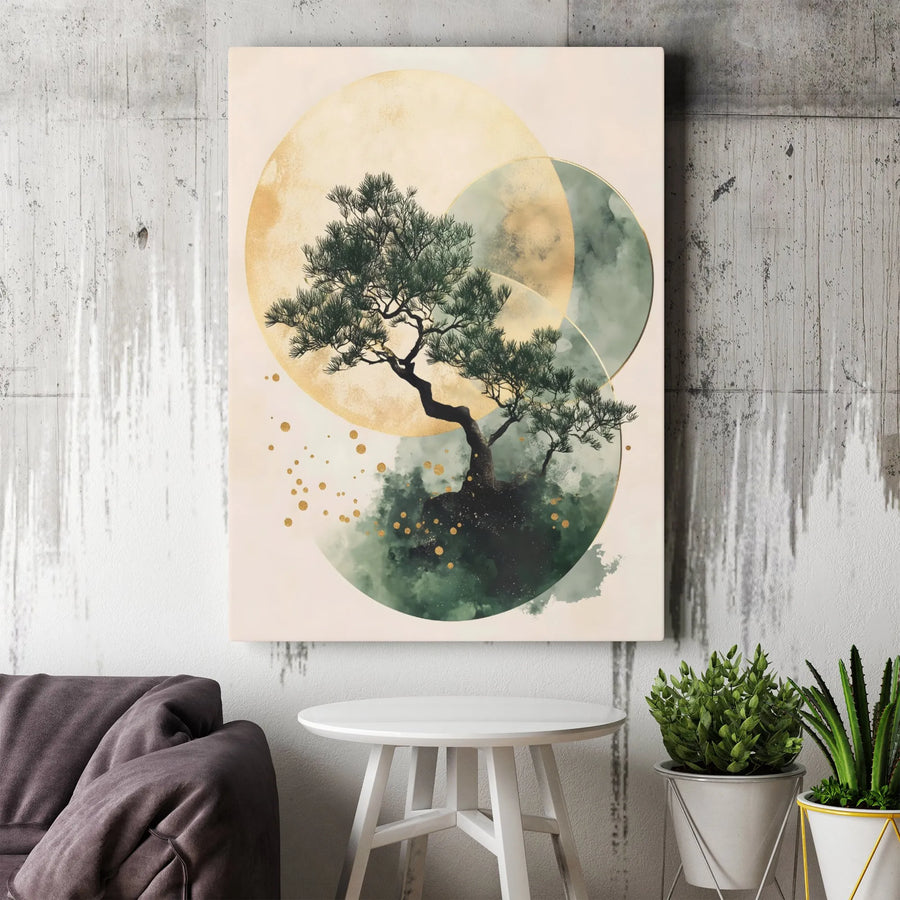 Japandi Bonsai Tree Canvas Print | Abstract Gold And Green Minimalist Wall Art | Gallery Wrapped Premium Material | Zen Home Office Decor