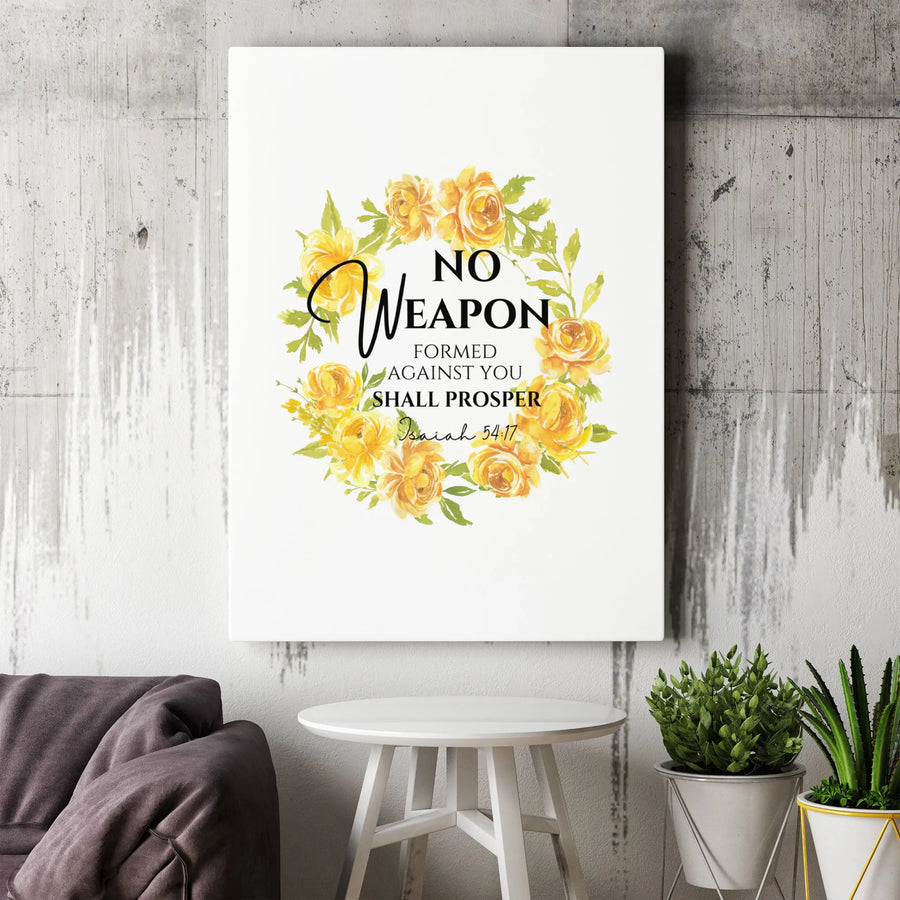 No Weapon Formed Against You Shall Prosper Canvas | Yellow Floral Bible Verse Wall Art | Premium Gallery Wrap | Christian Home Decor Gift