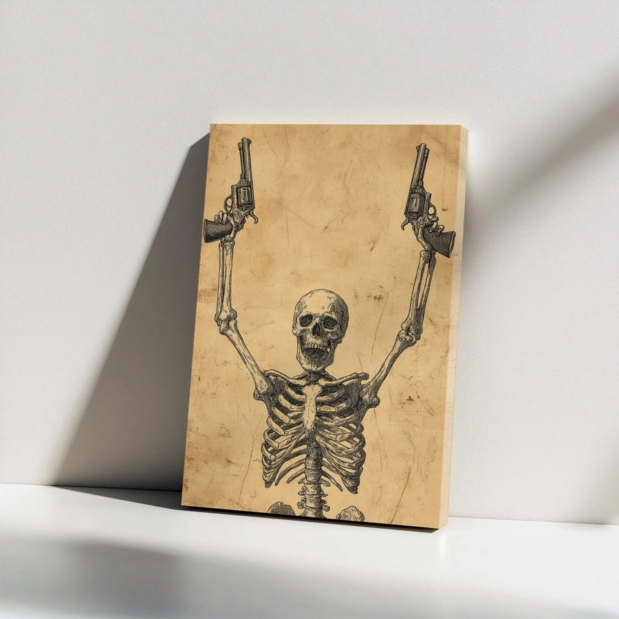 Skeleton With Revolvers Canvas Wall Art | Vintage Western Gothic Sketch Print | Premium Gallery Wrap Decor | Edgy Home Office Decor Gift