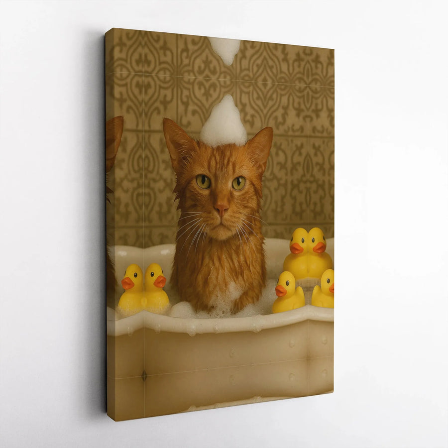 Orange Cat In Bubble Bath Canvas Wall Art | Whimsical Ginger Cat With Rubber Ducks Print | Premium Gallery-Wrapped Decor | Unique Gift For Cat Lovers