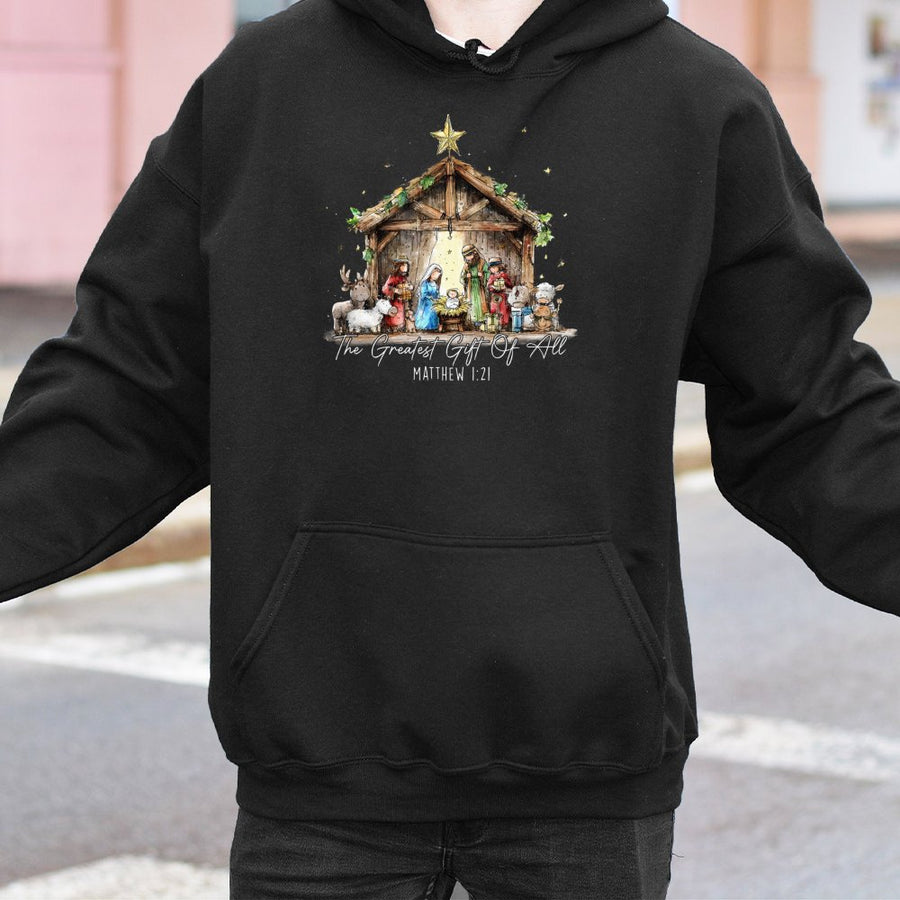 Nativity Scene Hoodie | The Greatest Gift Of All Christian Christmas Sweatshirt | Premium Cotton Blend | Religious Holiday Apparel Gift