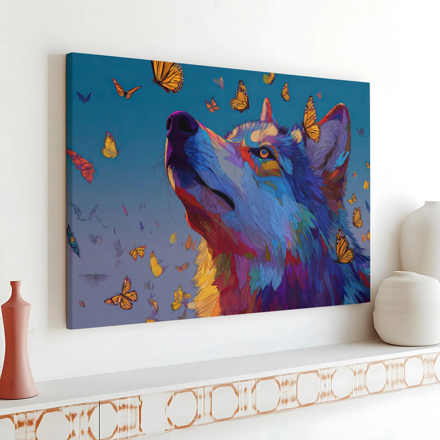 Colorful Wolf Canvas Art | Psychedelic Animal Print with Monarch Butterflies | Premium Fade-Resistant Print | Unique Gift for Wildlife Art Collector
