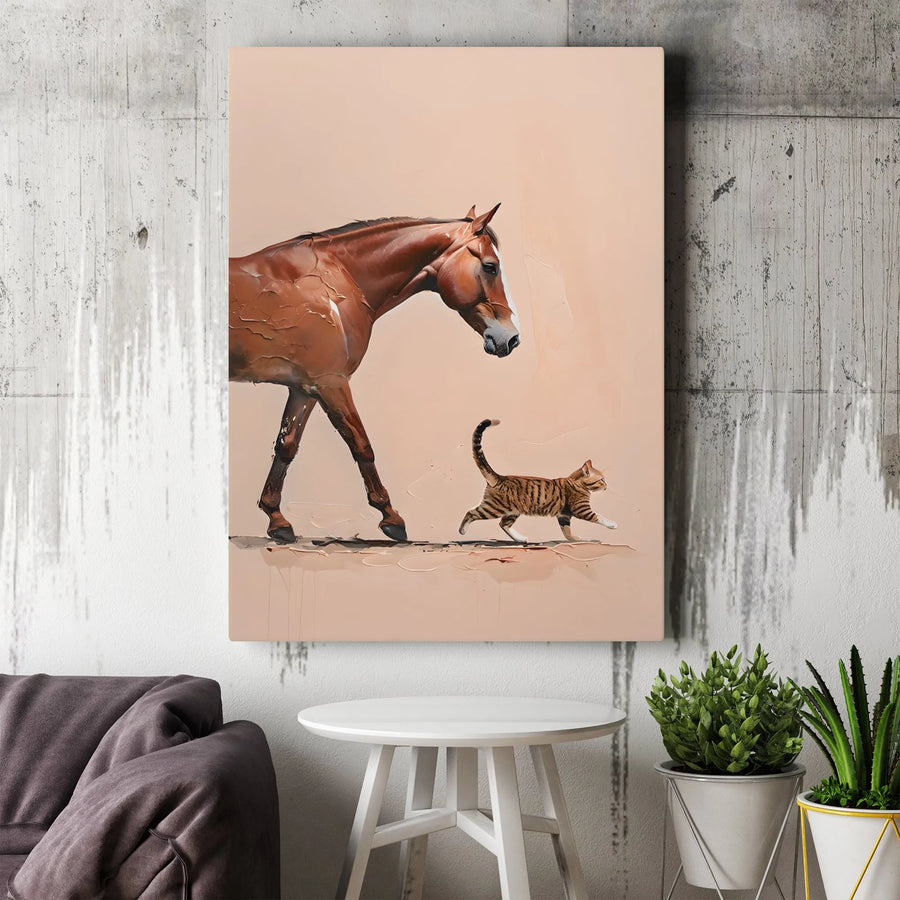 Horse and Cat Wall Art | Modern Farmhouse Animal Painting | Premium Gallery-Wrapped Canvas Print | Rustic Equestrian Decor Gift