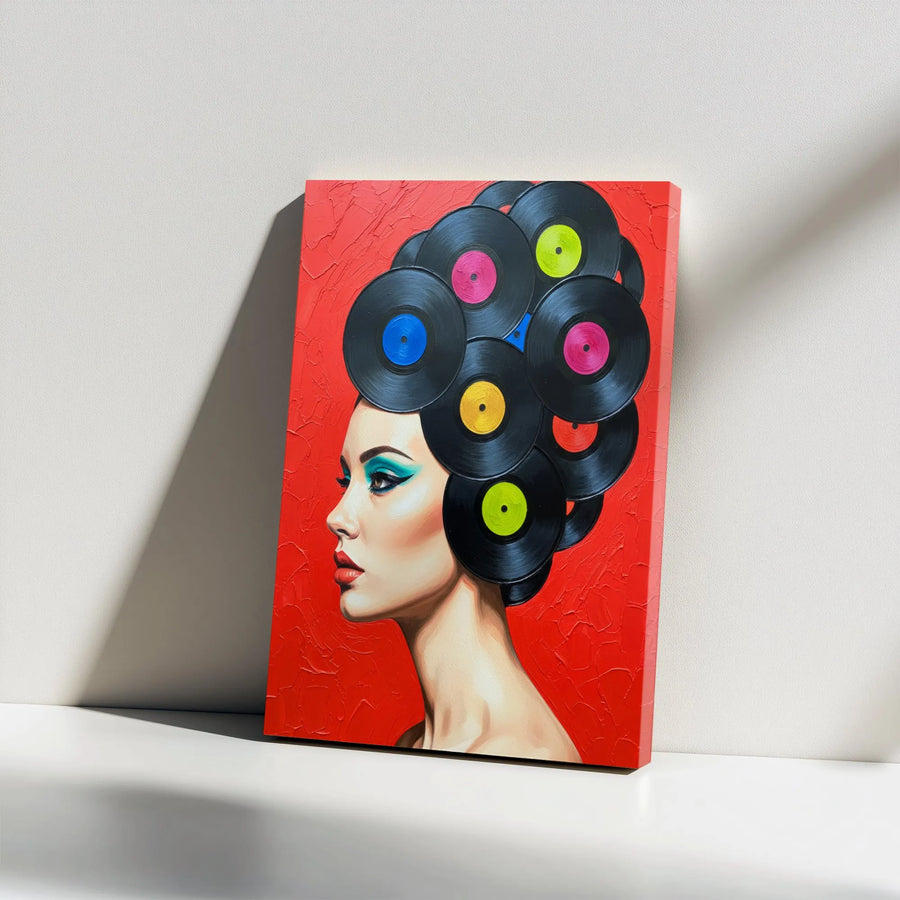 Vinyl Record Canvas Print | Retro Pop Art Woman Portrait | Thick Gallery Wrapped Wall Art | Premium Gift for Music Lover & DJ