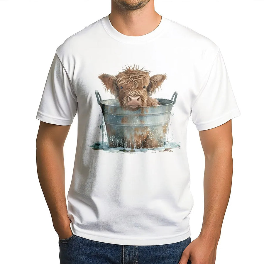 Highland Cow In Bucket T-Shirt | Cute Farm Animal Watercolor Graphic | 100% Cotton Premium Apparel | Gift For Cow Lovers And Farmers