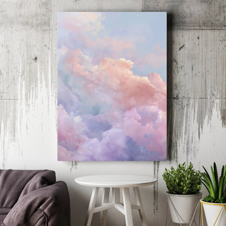 Pastel Cloudscape Vertical Canvas | Dreamy Pink and Purple Sky Painting | Premium Gallery Wrapped Wall Art | Aesthetic Bedroom & Nursery Decor Gift