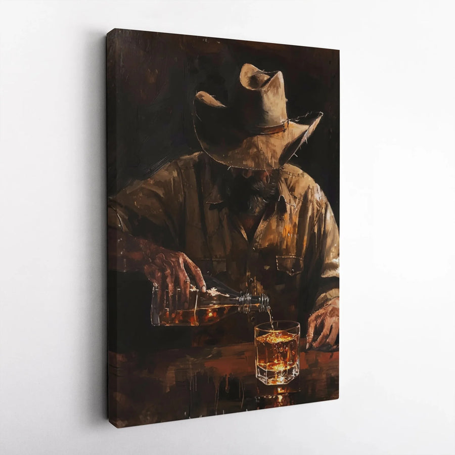 Cowboy Whiskey Canvas Wall Art | Rustic Man Pouring Bourbon Painting | Thick Gallery Wrapped Canvas | Man Cave Decor Gift for Him