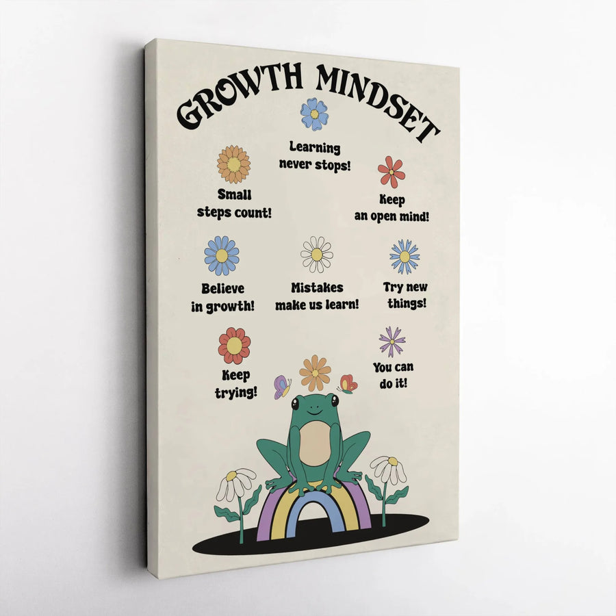 Growth Mindset Canvas Wall Art | Retro Frog and Rainbow Classroom Decor | Premium Gallery Wrap Print | Motivational Gift for Kids and Teachers