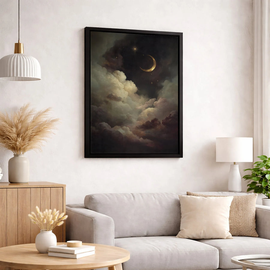 Golden Crescent Moon Wall Art | Celestial Cloudy Night Sky Print | Premium Gallery-Wrapped Canvas | Gothic Home Decor Gift for Bedroom
