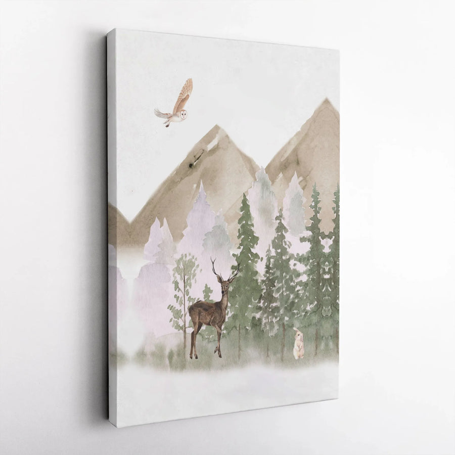 Watercolor Woodland Animals Canvas | Deer Rabbit Owl Mountain Forest Art | Premium Gallery-Wrapped Decor | Nursery & Home Wall Gift