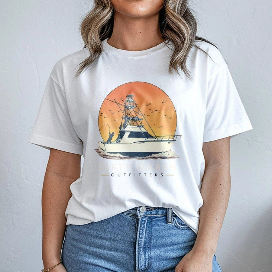 Offshore Fishing T-Shirt | Saltwater Boat Sunset Graphic | 100% Cotton Premium Tee | Coastal Angler Gift for Men