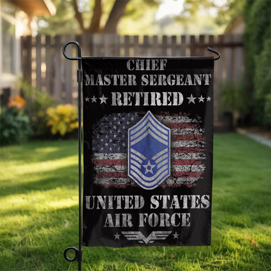 Chief Master Sergeant Retired Garden Flag | Distressed USA Flag Design | Weather-Resistant Polyester | Military Retirement Gift for Air Force Veteran