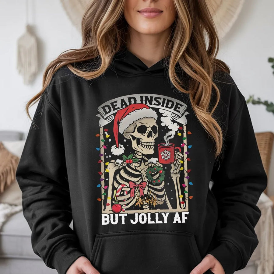 Dead Inside But Jolly AF Christmas Hoodie | Funny Skeleton Coffee Lover Graphic Sweatshirt | Premium Unisex Holiday Apparel | Festive Gift for Him Her