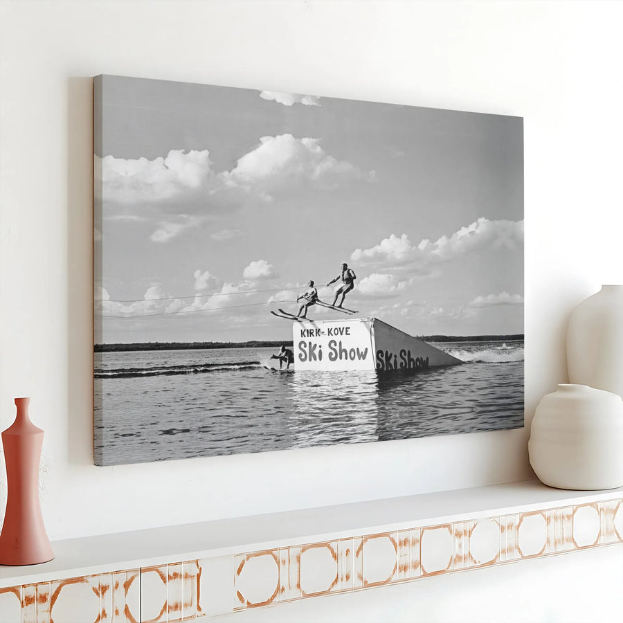 Vintage Water Skiing Wall Art | Black and White Action Photography Print | Premium Gallery Wrap Canvas | Retro Summer Lake House Decor Gift