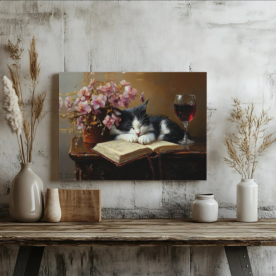 Sleeping Cat Wall Art | Cozy Reading Book Illustration with Wine | Premium Gallery Wrap Canvas | Whimsical Home Decor Gift for Cat Lovers