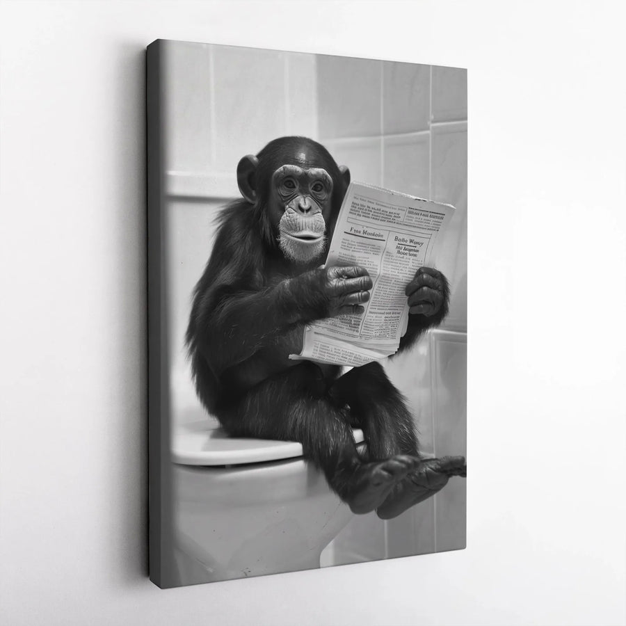 Funny Chimpanzee Toilet Poster | Reading Monkey Bathroom Wall Art | Premium Black And White Canvas | Unique Gag Gift For Bathroom Decor
