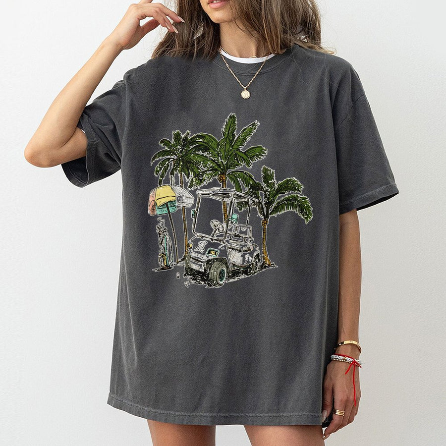 Tropical Golf Cart T-Shirt | Hand-Drawn Palm Tree Graphic | Premium 100% Cotton Tee | Gift for Golfers & Beach Lovers