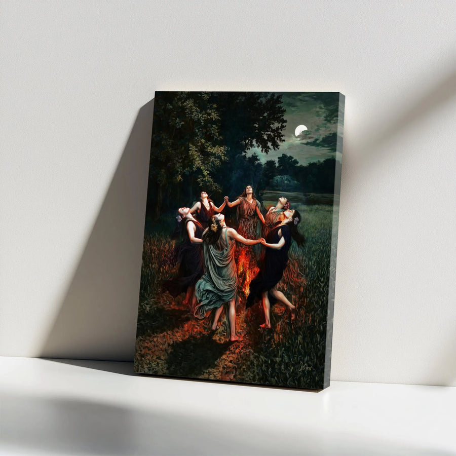 Witch Coven Canvas Print | Women Dancing Around Bonfire Under Full Moon | Premium Gallery Wrapped Canvas | Witchy Home Decor Gift