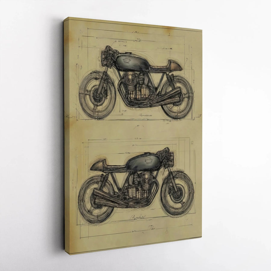 Vintage Motorcycle Canvas Wall Art | Cafe Racer Blueprint Technical Art | Premium Gallery Wrap Canvas | Man Cave & Garage Decor