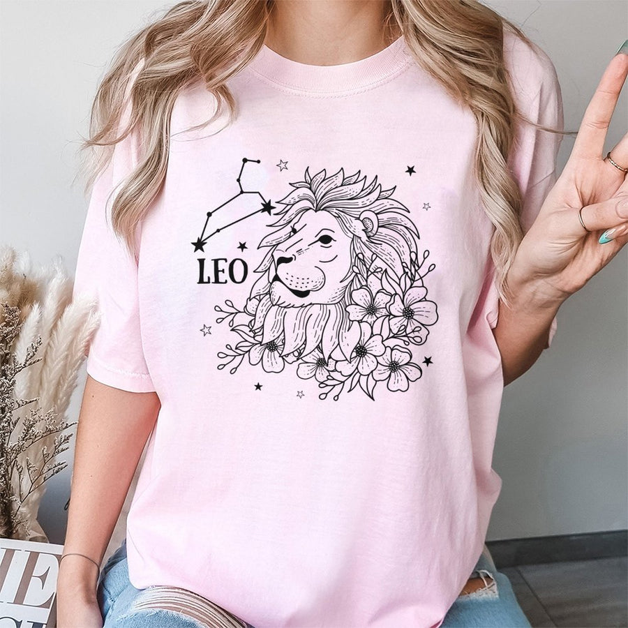 Leo Zodiac Constellation T-Shirt | Floral Lion Horoscope Line Art Graphic | 100% Cotton Premium Tee | Astrology Birthday Gift for Men and Women