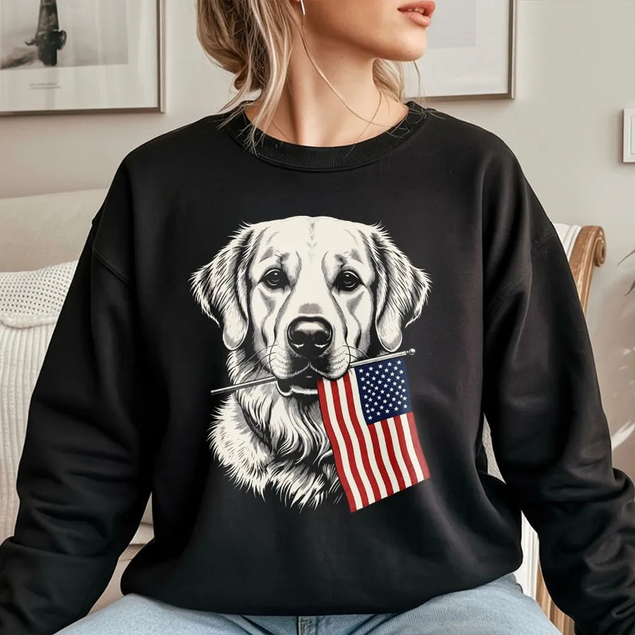 Patriotic Dog Sweatshirt | Golden Retriever with American Flag Graphic | Premium Cotton Blend | 4th of July Gift for Dog Lovers