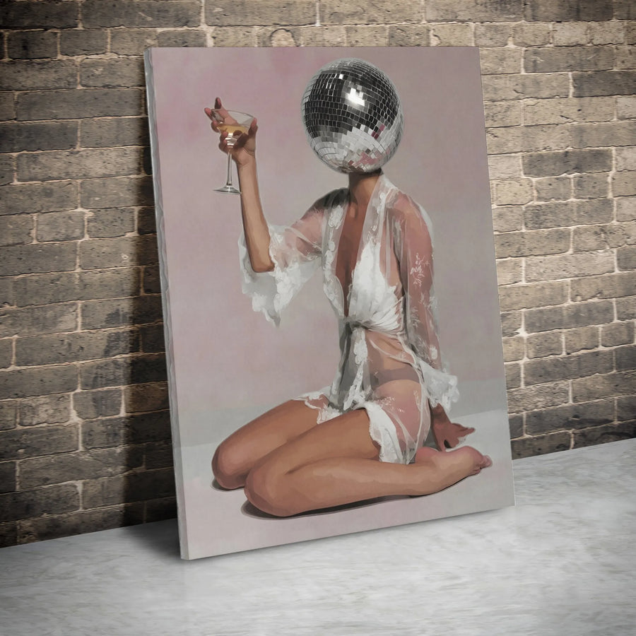 Disco Ball Head Canvas Print | Surreal Woman with Champagne Glass | Premium Gallery Wrapped Canvas | Modern Bar Cart Art Gift for Her