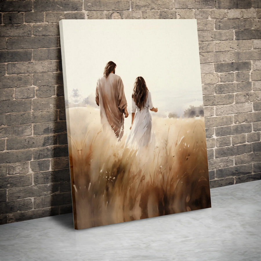 Jesus and Girl Walking in Field Canvas Wall Art | Religious Watercolor Painting | Premium Gallery Wrap Print | Inspirational Christian Home Decor Gift
