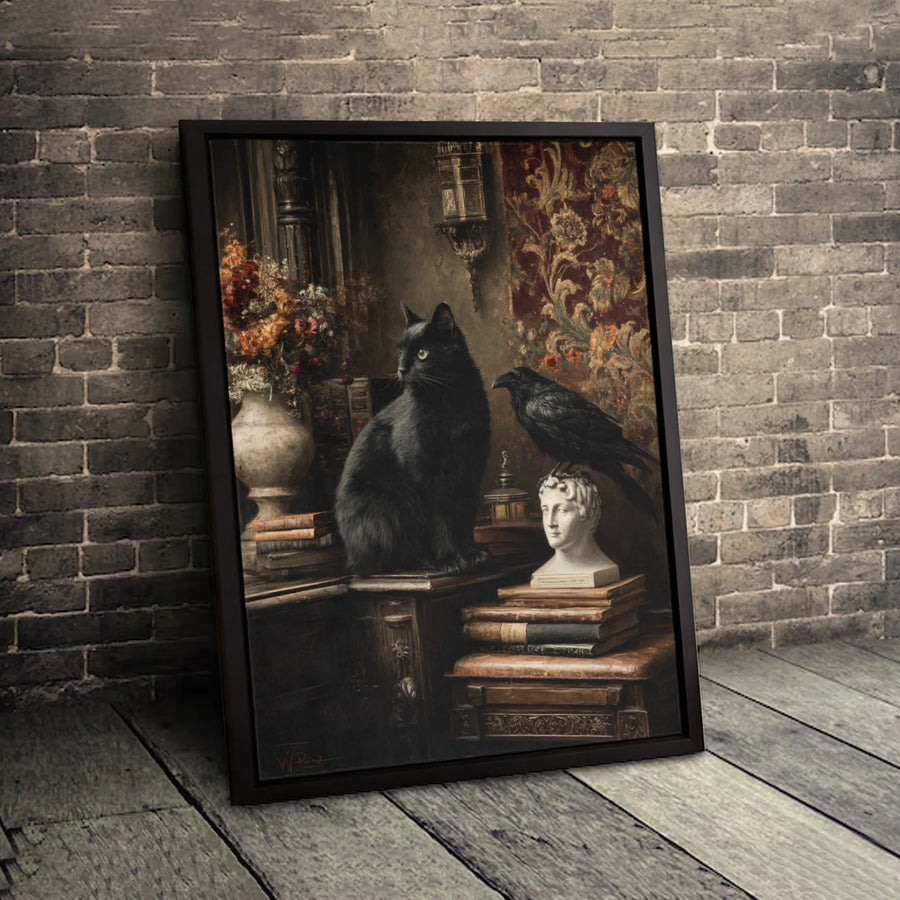 Black Cat and Raven Wall Art | Dark Academia Library Aesthetic | Premium Fade-Resistant Canvas | Gothic Home Decor Gift for Book Lovers