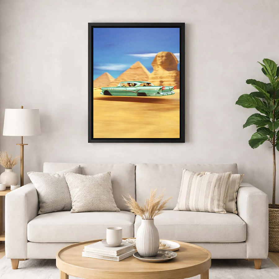 Vintage Flying Car Canvas | Retro Surreal Egypt Landscape Art | Premium Fade-Resistant Print | Unique Surrealist Wall Decor Gift
