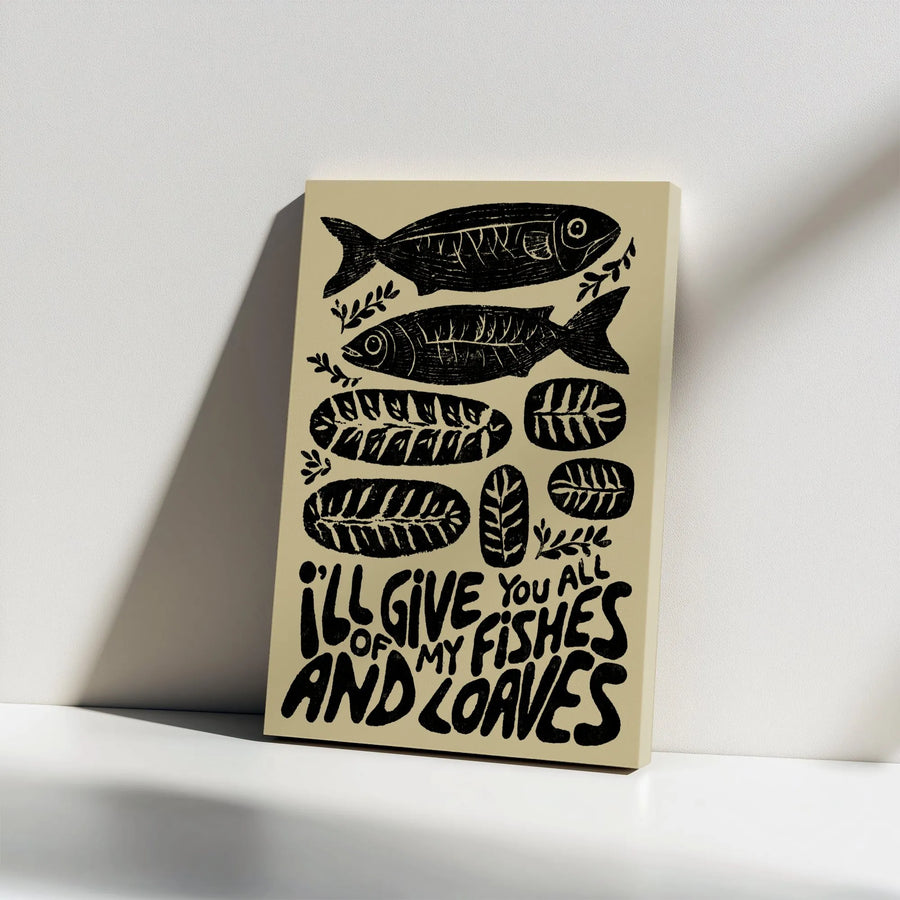 Christian Wall Art Canvas Print | Fishes and Loaves Linocut Style Print | Premium Gallery-Wrapped Canvas | Inspirational Gift for Christians