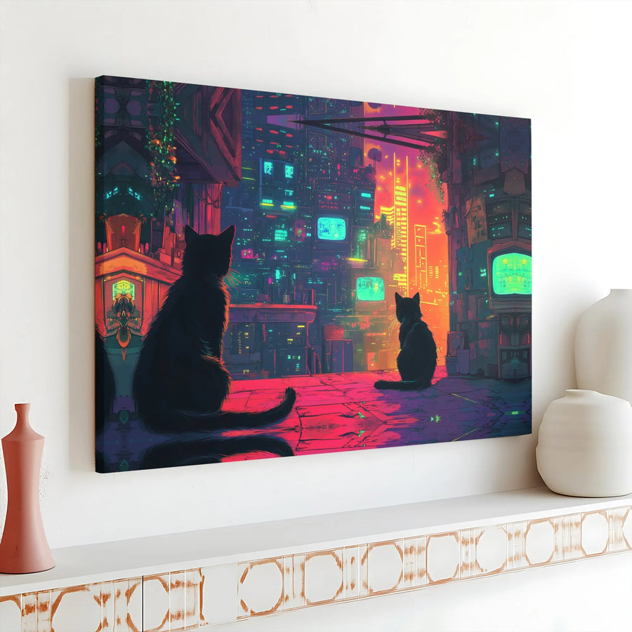 Cyberpunk Cat Canvas Wall Art | Two Cats Overlooking Neon City | Premium Gallery Print | Sci-Fi Vaporwave Room Decor Gift