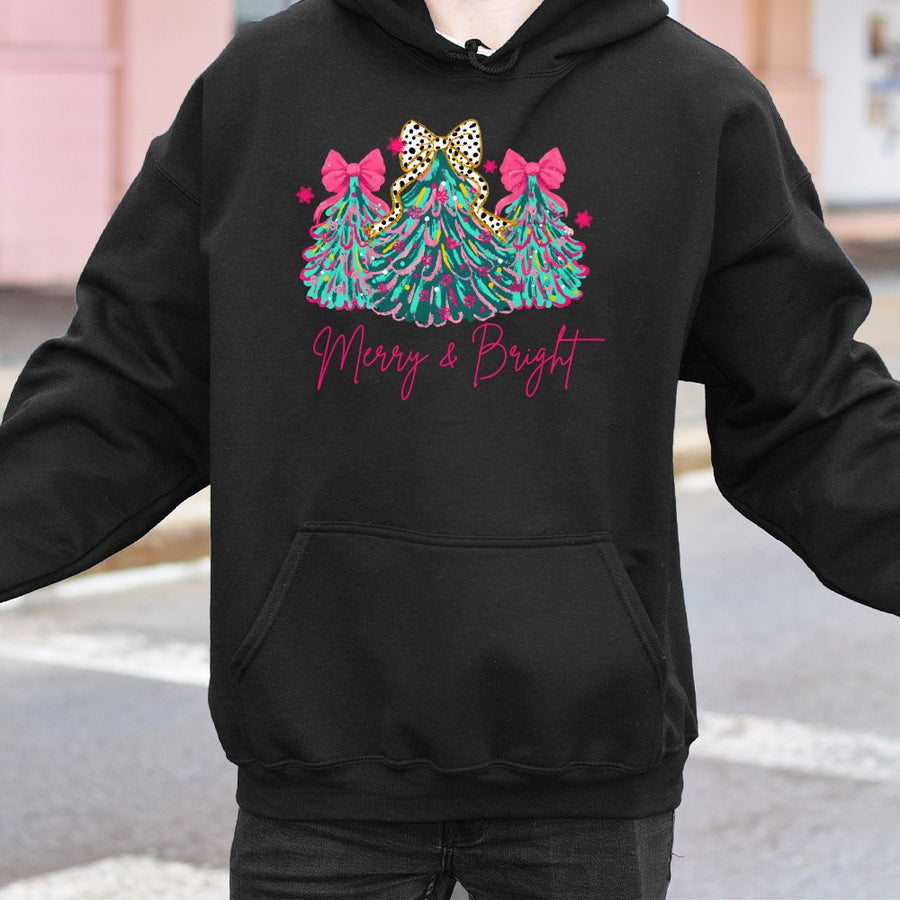 Merry & Bright Christmas Hoodie | Aesthetic Pastel Holiday Tree Graphic | Cotton-Poly Blend Sweatshirt | Cozy Seasonal Gift for Women