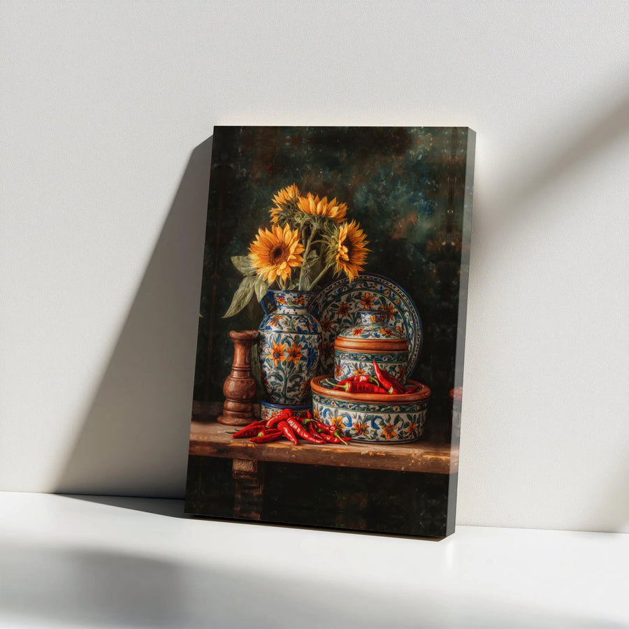 Still Life Sunflower Canvas Wall Art | Mediterranean Kitchen Decor | Premium Gallery Wrap Print | Rustic Dining Room Art Gift