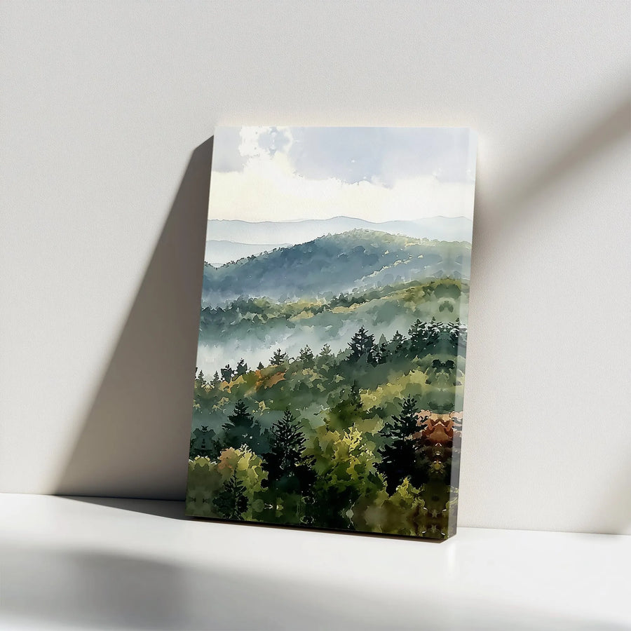 Misty Mountain Landscape Canvas Wall Art | Watercolor Pine Tree Forest Print | Premium Frameless Canvas | Living Room & Office Decor Gift