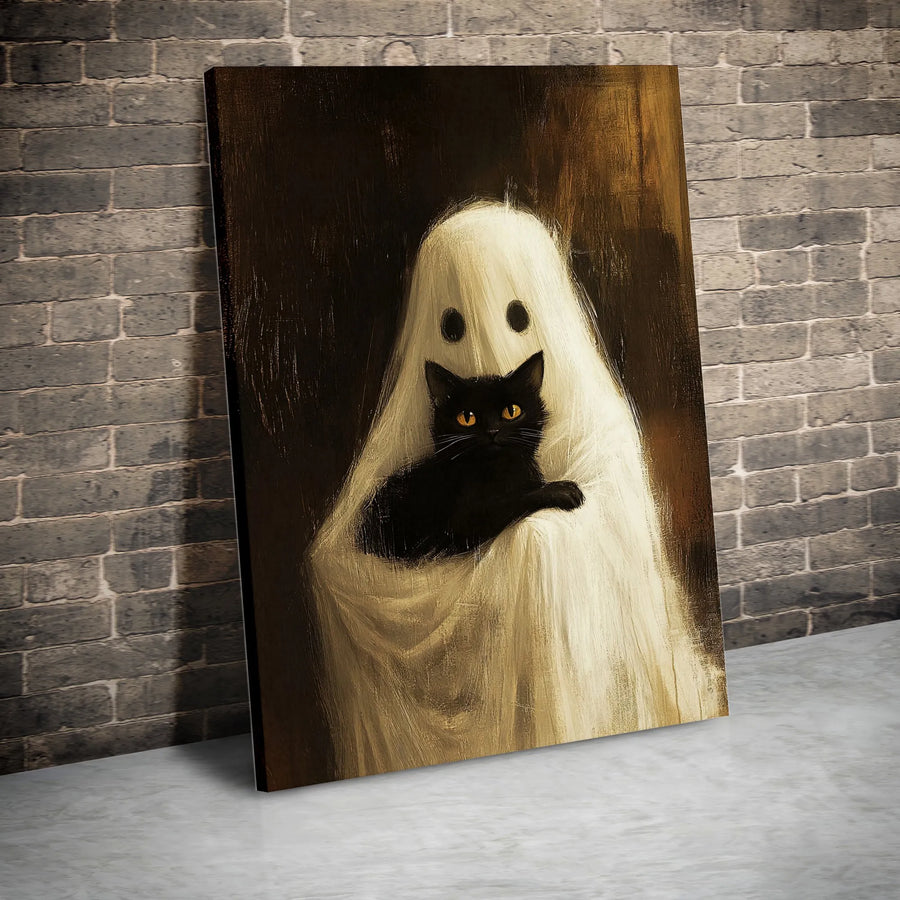 Black Cat Ghost Canvas Wall Art | Spooky Cute Halloween Decor | Premium Gallery Wrap Print | Whimsical Gothic Gift For Cat Lovers