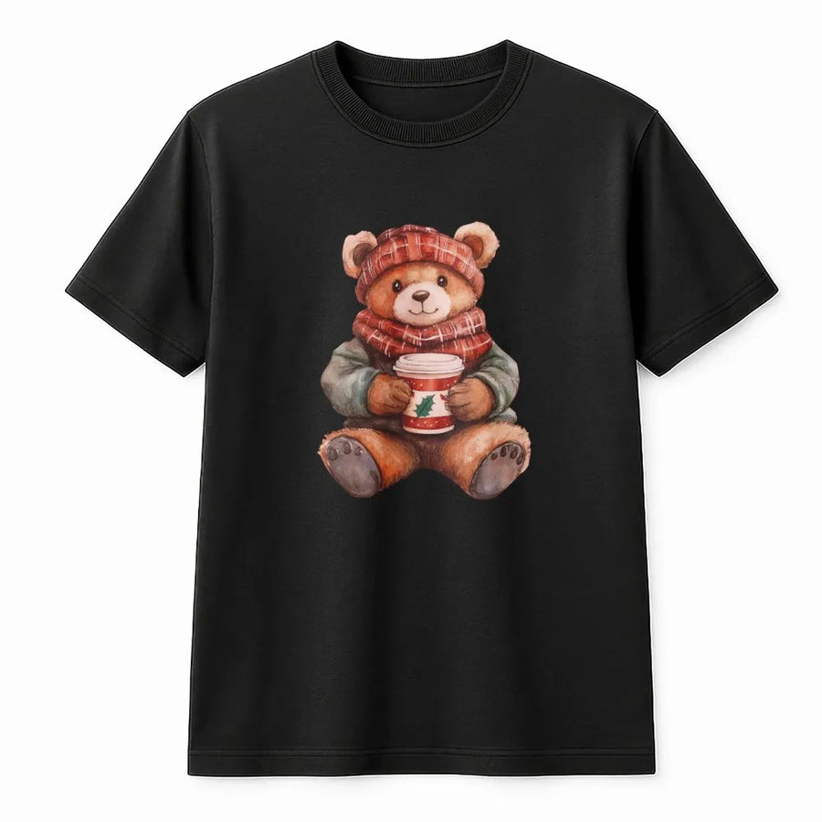 Christmas Bear T-Shirt | Cute Holiday Coffee Drinking Teddy | Premium Soft Cotton Graphic Tee | Cozy Festive Gift for Her & Him