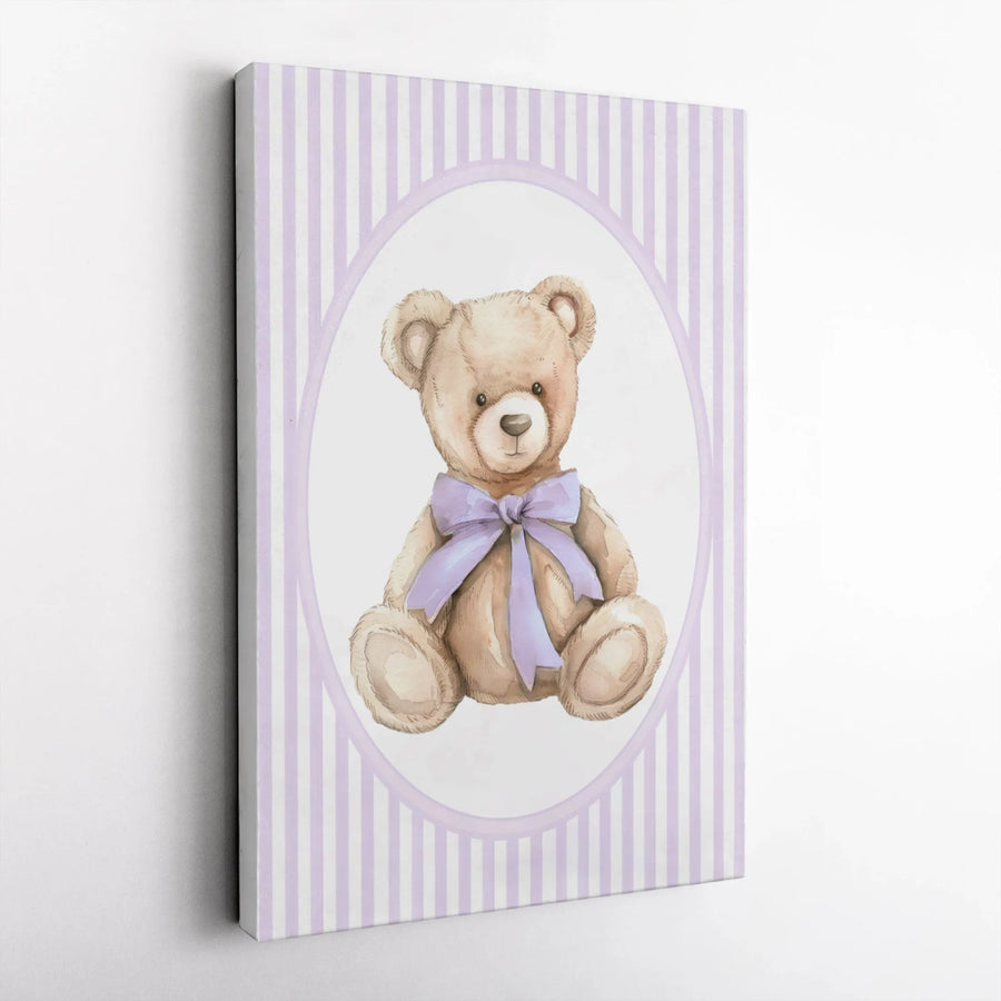 Watercolor Teddy Bear Wall Art | Lavender Striped Nursery Decor | Premium Gallery Canvas | Cute Animal Gift for Baby Girl Room